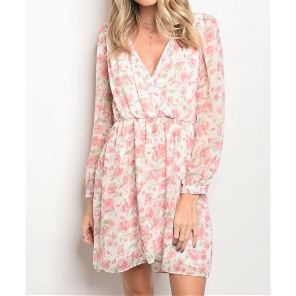Floral faux wrap pink dress